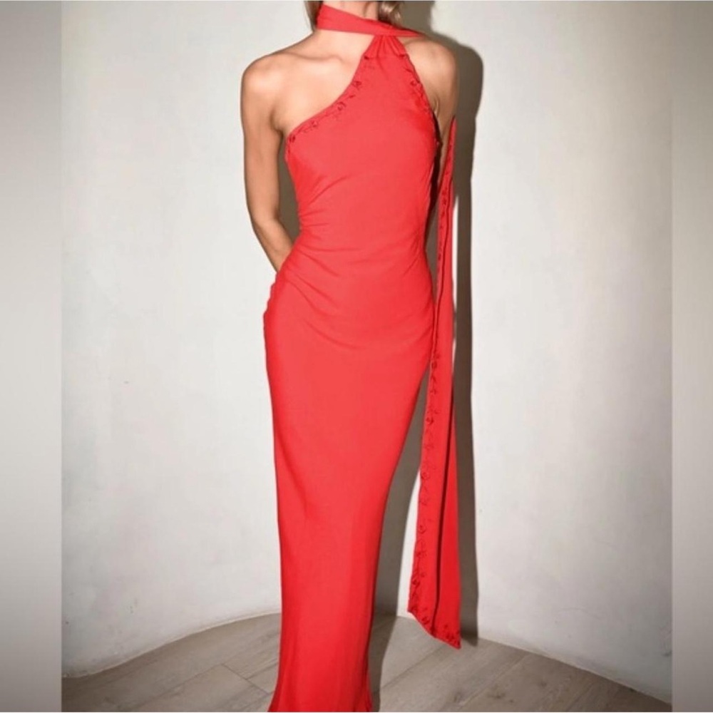 Red Asymmetrical Halter Sheath Dress
